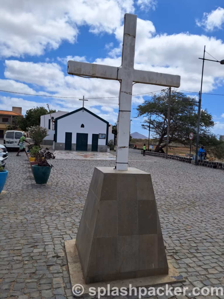 Cristian cross & church in Palmeira fishing village in Cape Verde