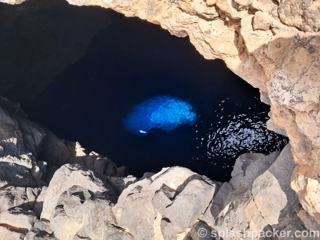 The blue eye cave in Sal Island is about 25 meters, or 82 feet, deep.